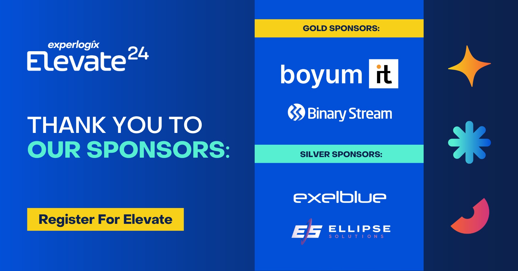 Image of Elevate Client Conference sponsors, including Boyum IT, Binary Stream, exelBlue, and Ellipse Solutions.